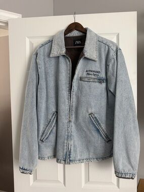 ZARA Light Wash Denim Bomber Jacket - Pale Blue